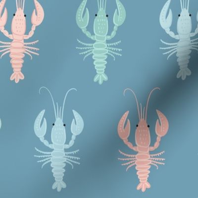 Colorful lobsters or crawfish on blue. Cute lobster pattern for kids. Big scale