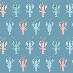Colorful lobsters or crawfish on blue. Cute lobster pattern for kids. Big scale