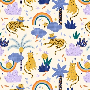 Cool Wild cats. Summer jungle. Cute Tigers and leopards on creame