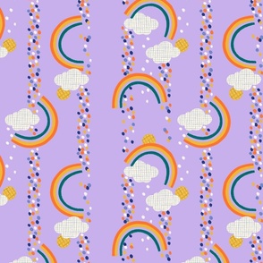 Rainbows and candy rain. Colorful confetti. Playful summer pattern