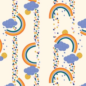 Rainbows and candy rain. Colorful confetti. Playful summer pattern. Small scale