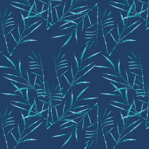 Watercolor Bamboo Aqua Turquoise on Navy Blue