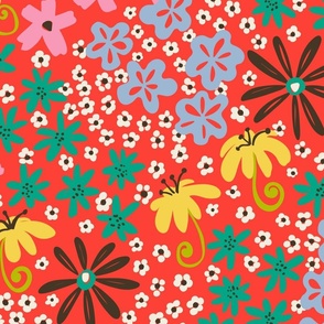 Garden Party Floral 24x24 MultiColor Brights on Red