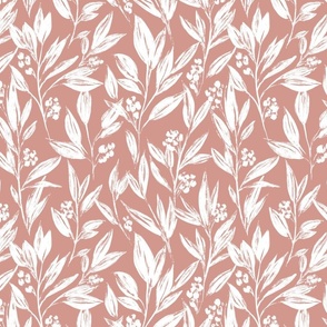 Botanical print, leafy pattern, white on dusty pink