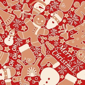 Cozy Christmas Bakes - Holiday baking, Christmas fabric with gingerbread man, snowman, oven mitten, christmas tree, christmas bell in crimson and beige