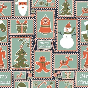 Christmas Stamps - Christmas fabric with reindeer, gingerbread man, stockings, snowman, snowflakes, stars in crimson and sage green