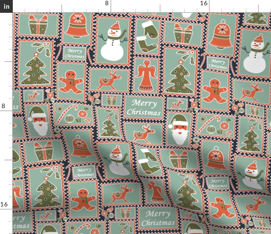 Christmas Stamps - Christmas fabric with reindeer, gingerbread man, stockings, snowman, snowflakes, stars in crimson and sage green