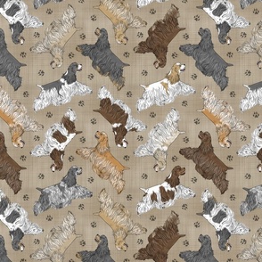 Trotting docked Cocker Spaniels and paw prints - faux linen