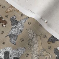 Tiny Trotting docked Cocker Spaniels and paw prints - faux linen