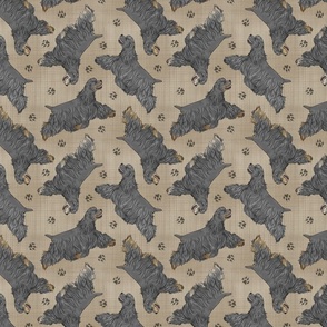 Trotting black docked Cocker Spaniels and paw prints - faux linen