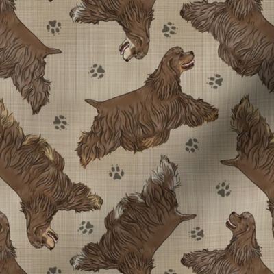 Trotting chocolate docked Cocker Spaniels and paw prints - faux linen
