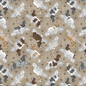 Trotting parti docked Cocker Spaniels and paw prints - faux linen