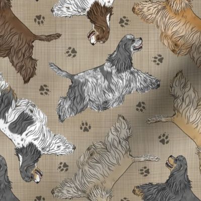 Trotting tailed Cocker Spaniels and paw prints - faux linen