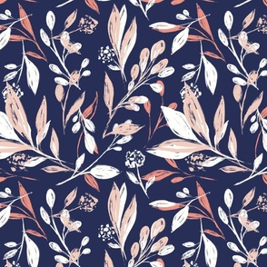 Botanical patterns, leafy print, navy blue background