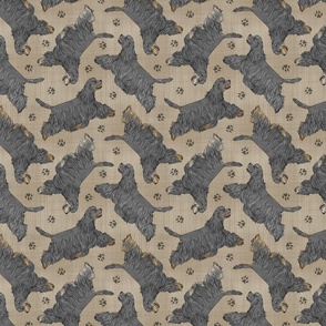 Trotting black tailed Cocker Spaniels and paw prints - faux linen