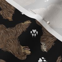 Trotting chocolate tailed Cocker Spaniels and paw prints - black