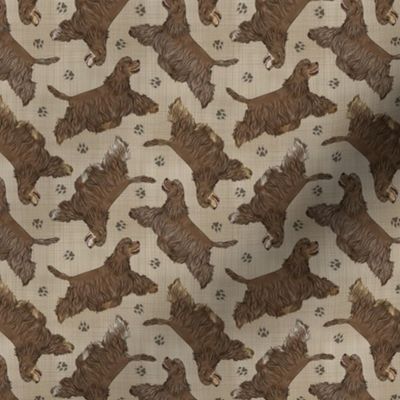 Tiny Trotting chocolate tailed Cocker Spaniels and paw prints - faux linen