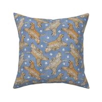 Trotting buff tailed Cocker Spaniels and paw prints - faux denim