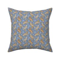 Tiny Trotting buff tailed Cocker Spaniels and paw prints - faux denim