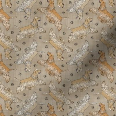 Tiny Trotting buff tailed Cocker Spaniels and paw prints - faux linen