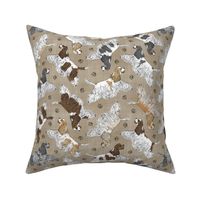 Trotting parti tailed Cocker Spaniels and paw prints - faux linen