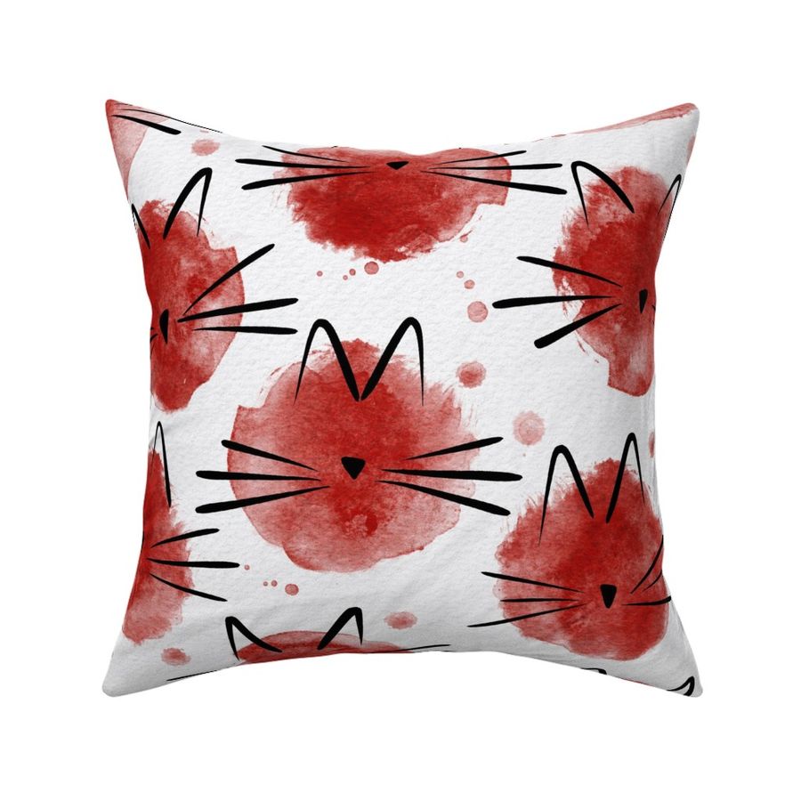 cat - ellie cat poppy red - watercolor drops cat - cute cat fabric and wallpaper