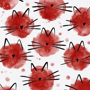cat - ellie cat poppy red - watercolor drops cat - cute cat fabric and wallpaper