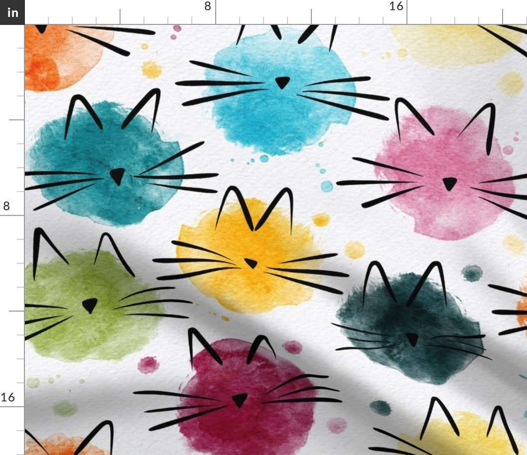 cat - ellie cat - watercolor drops cat - bohemian colors - cute cat fabric and wallpaper