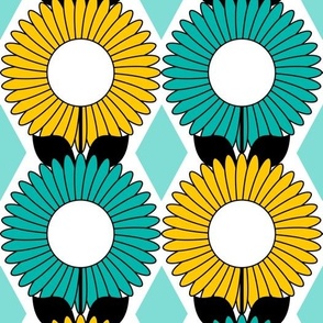 Modern Daisies and Diamonds // Turquoise Blue, Yellow, Black and White // V1 // 571 DPI