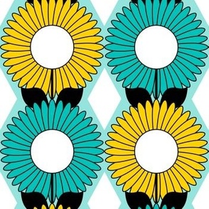 Modern Daisies and Diamonds // Turquoise Blue, Yellow, Black and White // V2 // 857 DPI