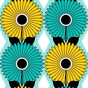 Modern Daisies and Diamonds // Turquoise Blue, Yellow, Black and White // V3 // 571 DPI