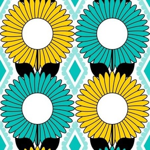 Modern Daisies and Diamonds // Turquoise Blue, Yellow, Black and White // V4 // 857 DPI