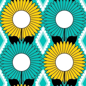 Modern Daisies and Diamonds // Turquoise Blue, Yellow, Black and White // V5 // 571 DPI