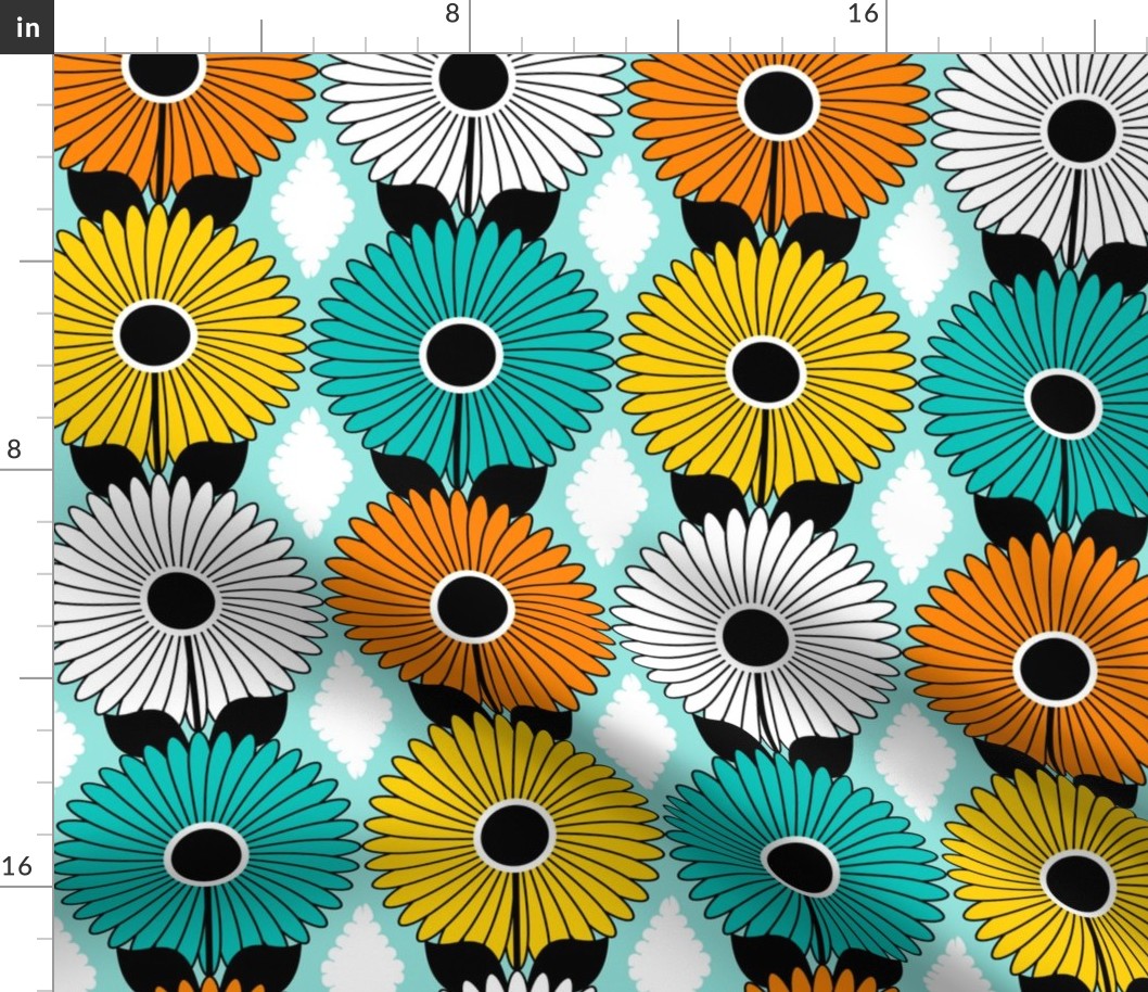 Modern Daisies and Diamonds // Orange, Yellow, Turquoise, Aqua Blue, Black and White // V2 // 571 DPI