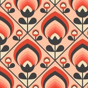 Red Geometrical Flowers, Retro 70s Style / Large Scale