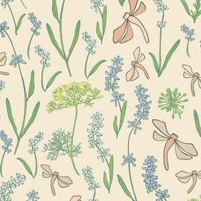 Dragonflies, Lavender and Dill on Sunrise Beige - medium scale