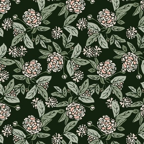 peony-stained glass-pink and white on dark green