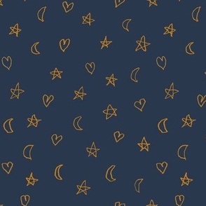 little hearts, moons, and stars in desert sun on navy blue