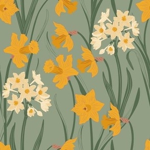 Medium Art Nouveau Narcissus and Daffodil Garden with Green Background