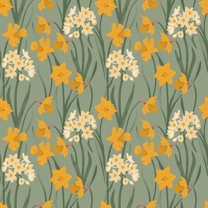 Small Art Nouveau Narcissus and Daffodil Garden with Green Background