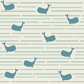 Whimsical Whale Parade - Nautical Teal Striped Pattern - Playful Oceanic Design for Children’s Decor and Casual Apparel