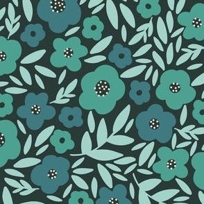 Pretty Floral - blues and greens (medium scale)