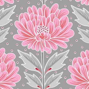 Monochromatic Peonies Retro - gray and pink - large-scale 