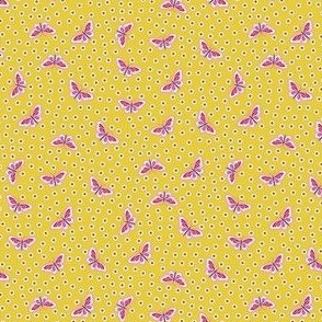 Cute minimalist butterflies flying all over on mustard background - small repeat