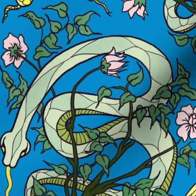 Hand-drawn Animal Damask with Snakes and Florals in Blue 