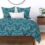 Hand-drawn Animal Damask with Snakes and Florals in Blue 