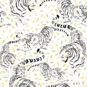 yawning and roaring tigers surrounded by confetti of leaves | black & white