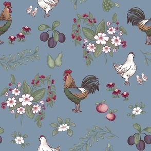 Blue Vintage Kitchen Chickens and Plums