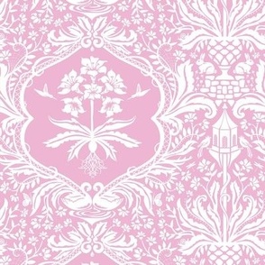 Victorian Floral Damask with Rabbits and Bees - pink purple 