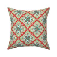 Colorful Swiss folk style floral medallions with decorative paisley peacocks on bright red 